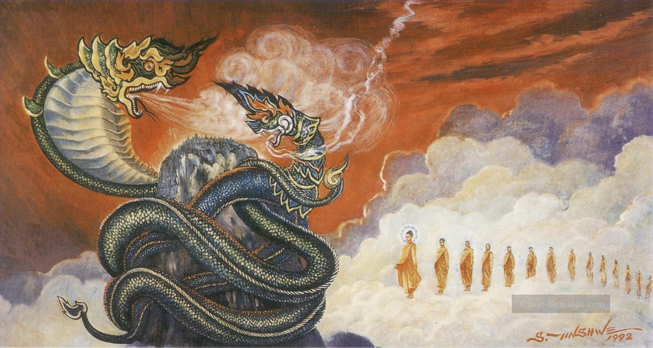 Buddhaunterwarf den himmlischen Drachen Nandopananda durch seinen Voraussetzer maha moggalana Buddhismus Ölgemälde